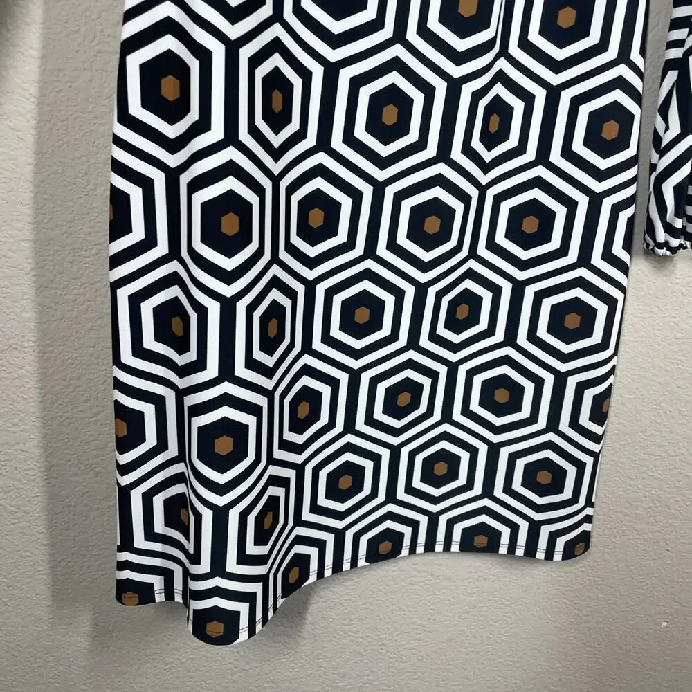 Jude Connally Small Geo Honeycomb Shift Dress Black White Crew Neck Long Sleeves - Picture 4 of 7